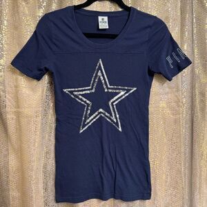 PINK Victorias Secret Blue Silver Dallas Cowboys NFL Sequin Bling T Shirt XS